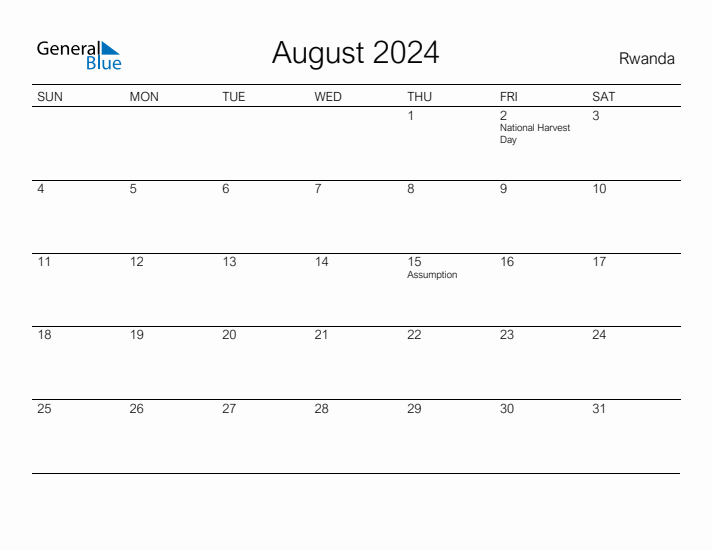 Printable August 2024 Calendar for Rwanda