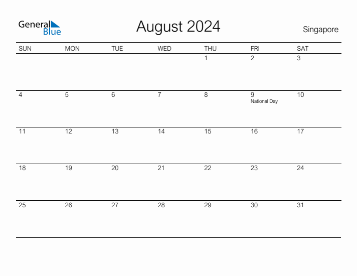 August 2024 Monthly Calendar with Singapore Holidays