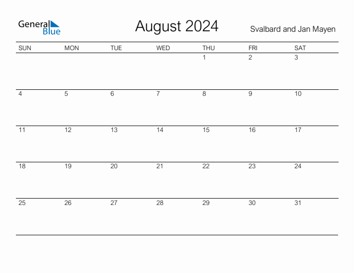 Printable August 2024 Calendar for Svalbard and Jan Mayen