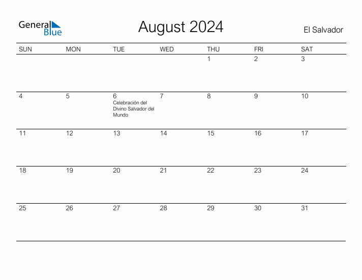 Printable August 2024 Calendar for El Salvador