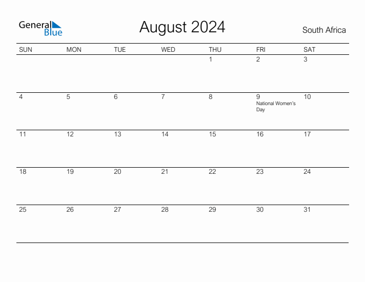 Printable August 2024 Monthly Calendar with Holidays for South Africa
