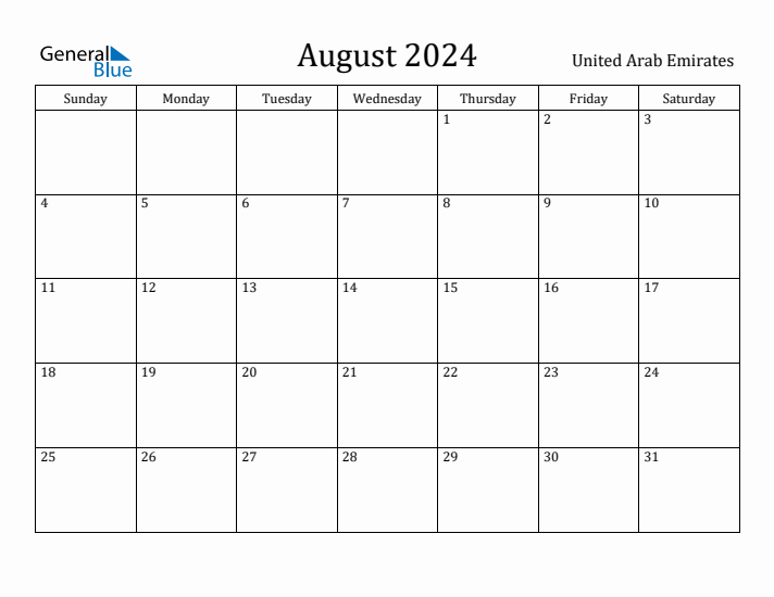 August 2024 Calendar United Arab Emirates
