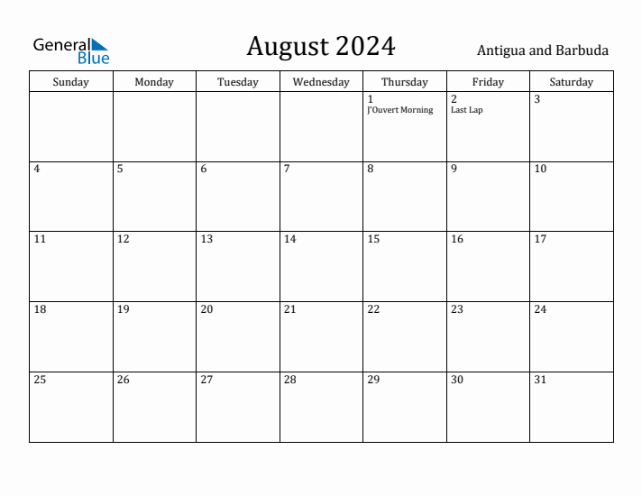 August 2024 Calendar Antigua and Barbuda