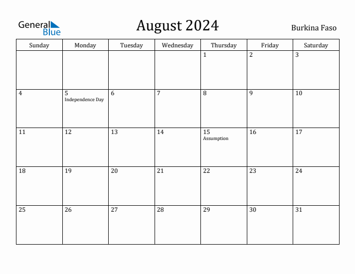August 2024 Calendar Burkina Faso