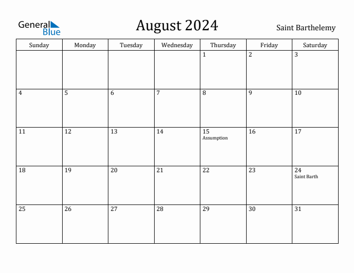 August 2024 Calendar Saint Barthelemy