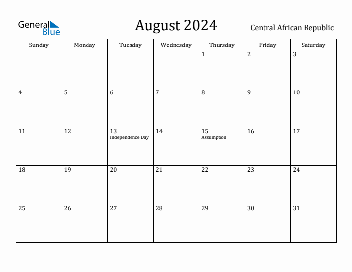 August 2024 Calendar Central African Republic