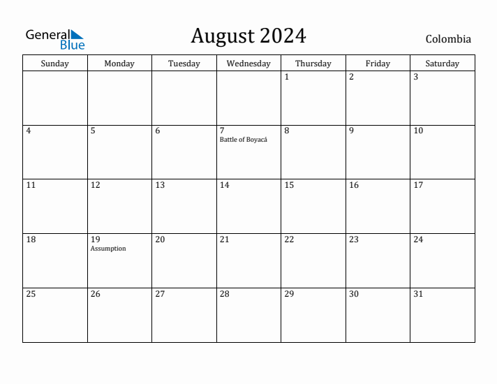 August 2024 Calendar Colombia