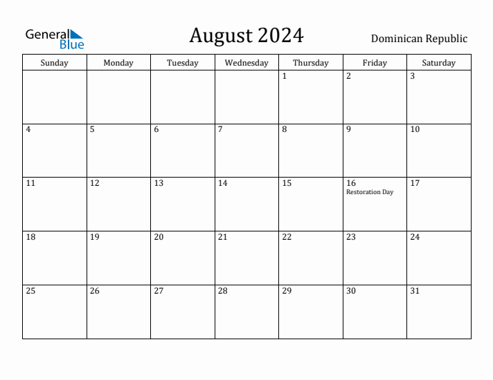 August 2024 Calendar Dominican Republic