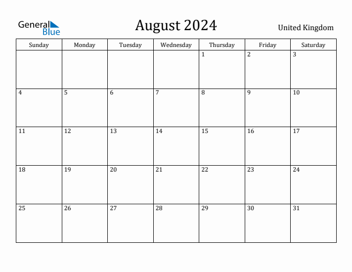 August 2024 Monthly Calendar with United Kingdom Holidays