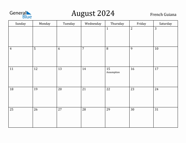 August 2024 Calendar French Guiana