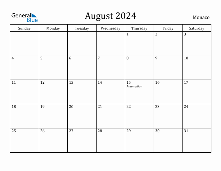 August 2024 Calendar Monaco