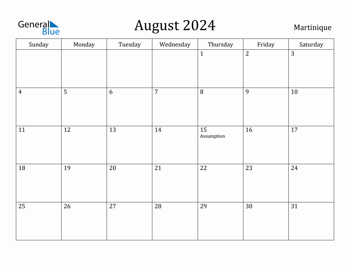 August 2024 Monthly Calendar with Martinique Holidays