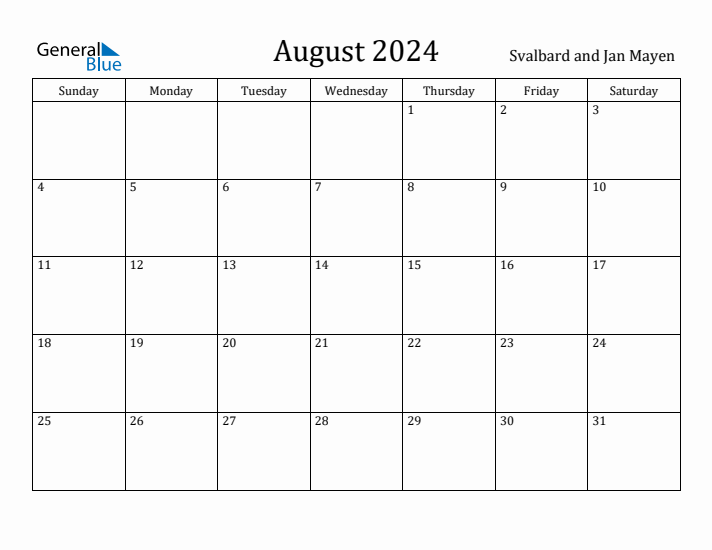 August 2024 Calendar Svalbard and Jan Mayen
