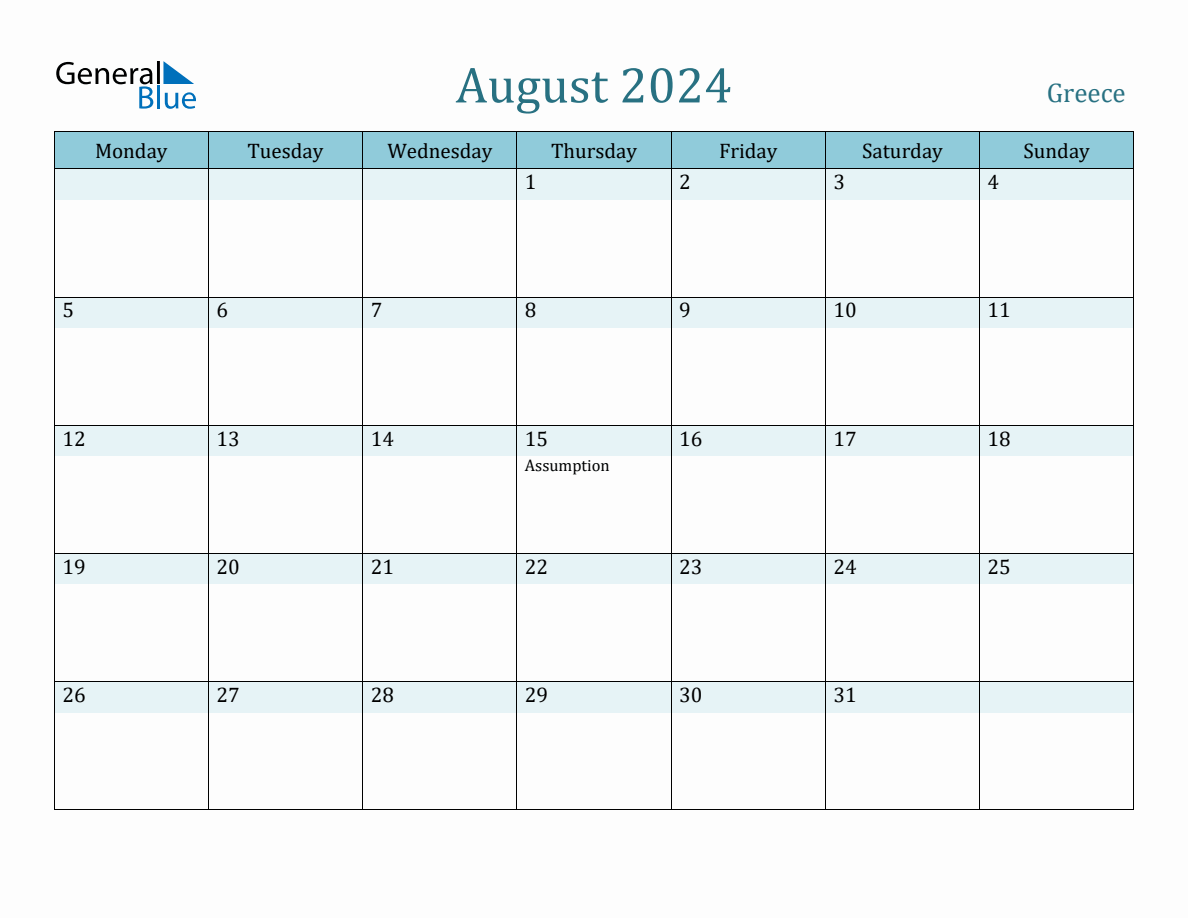 Greece Holiday Calendar for August 2024