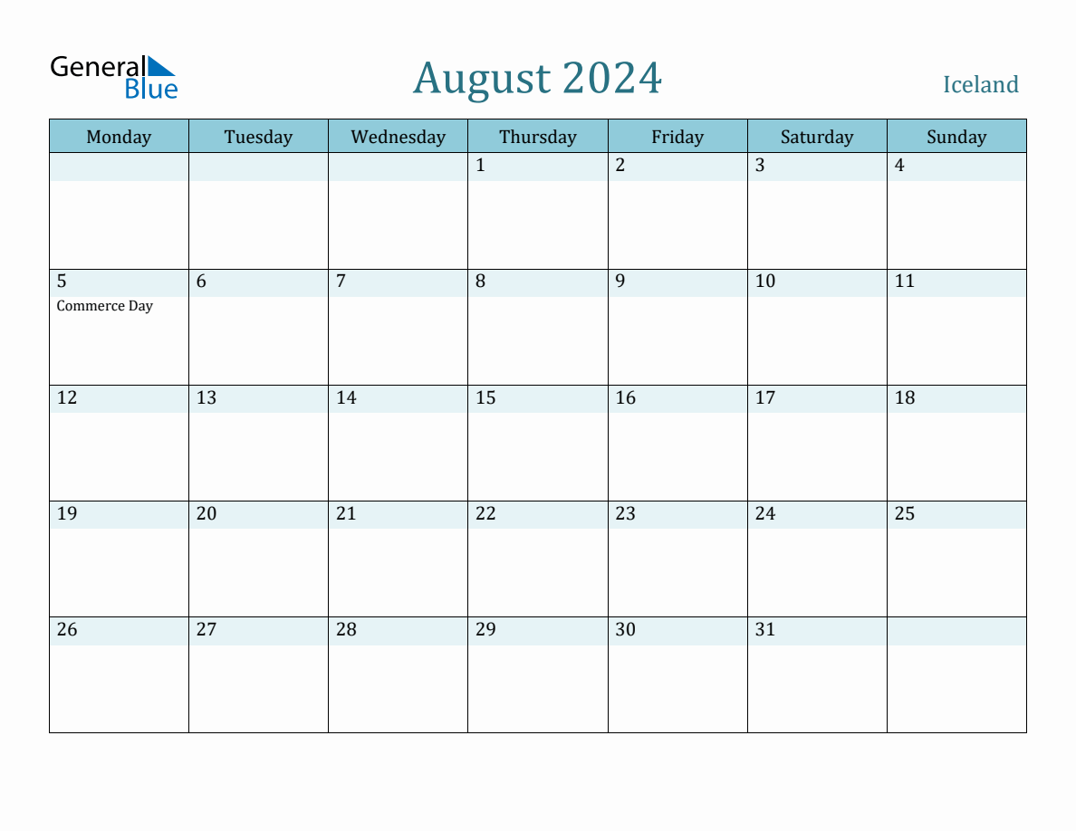 Iceland Holiday Calendar for August 2024