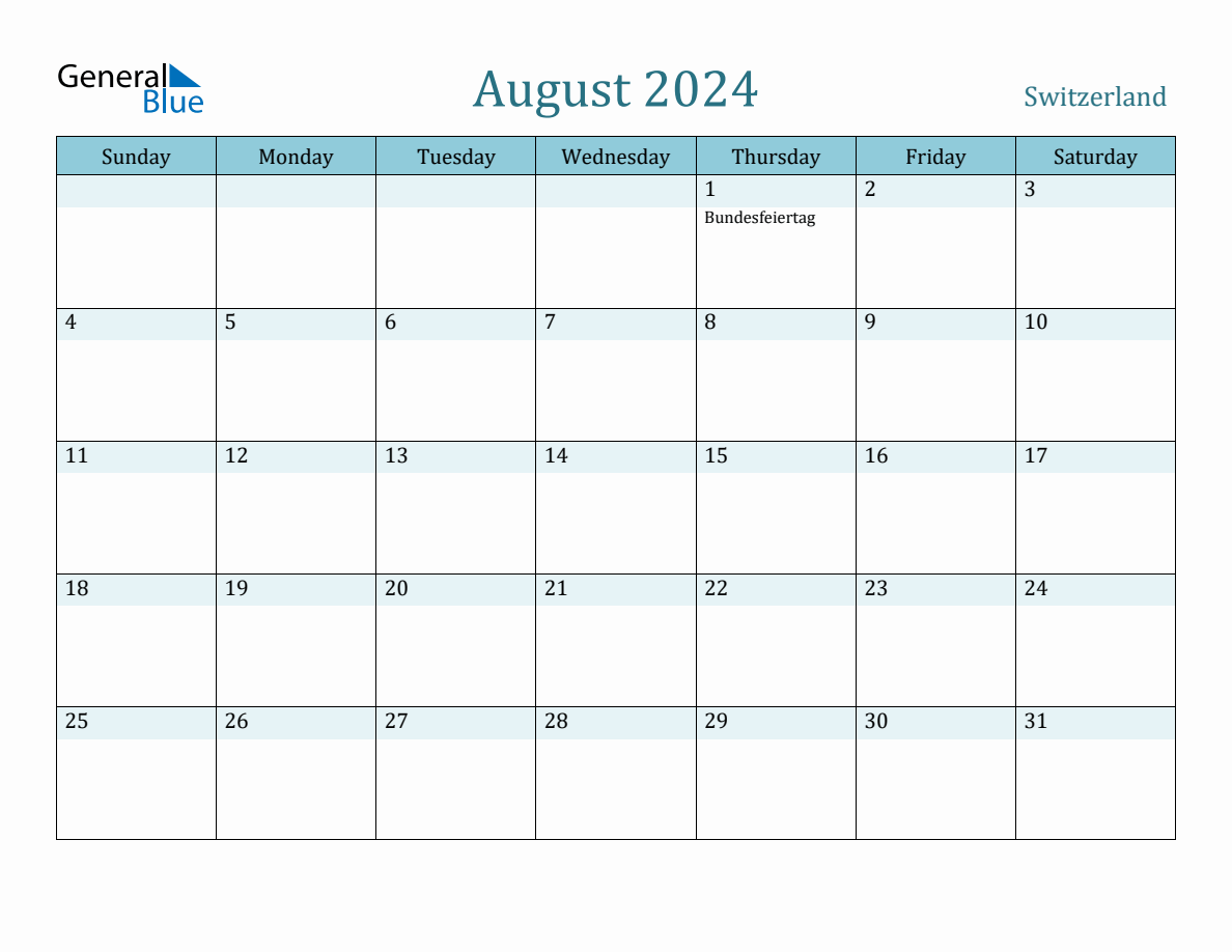 Switzerland Holiday Calendar for August 2024