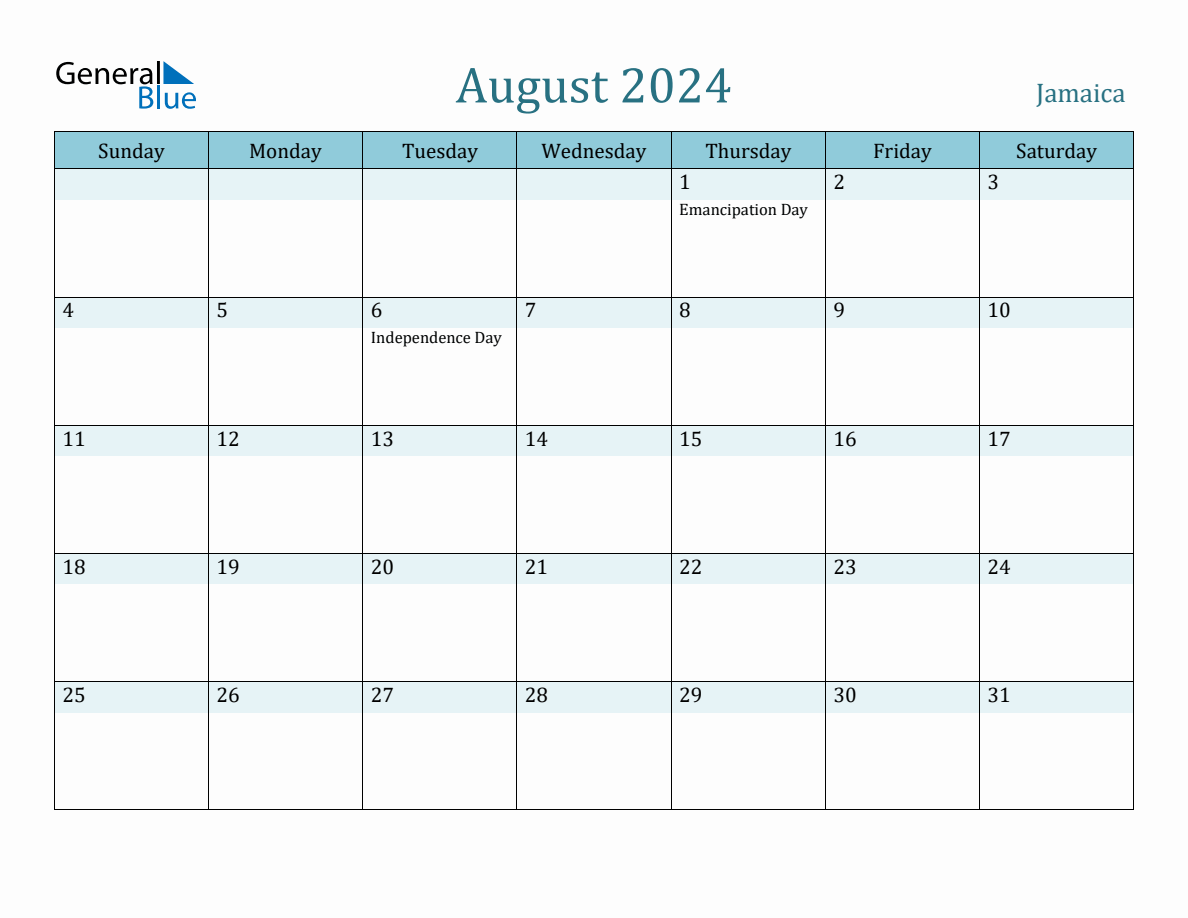 Jamaica Holiday Calendar for August 2024