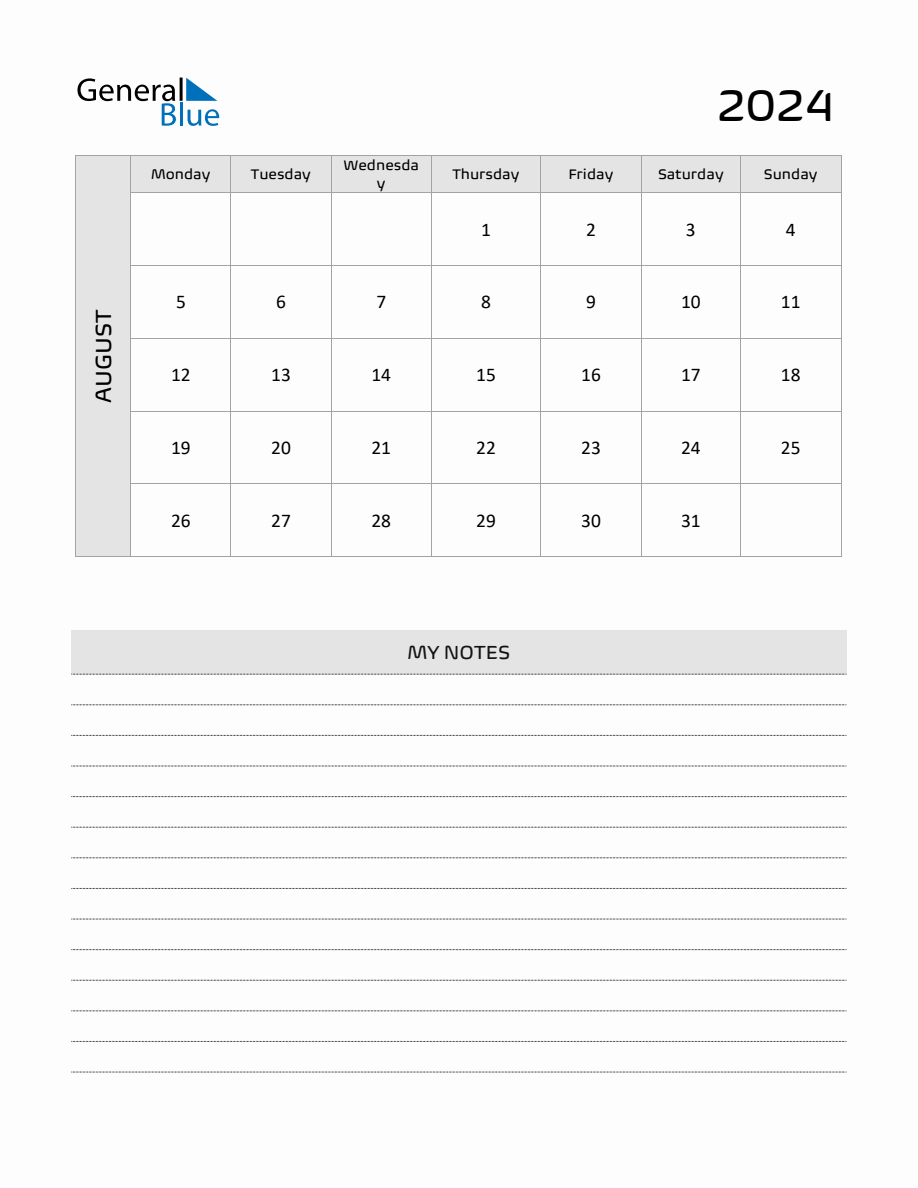 August 2024 Printable Monthly Calendar with Notes