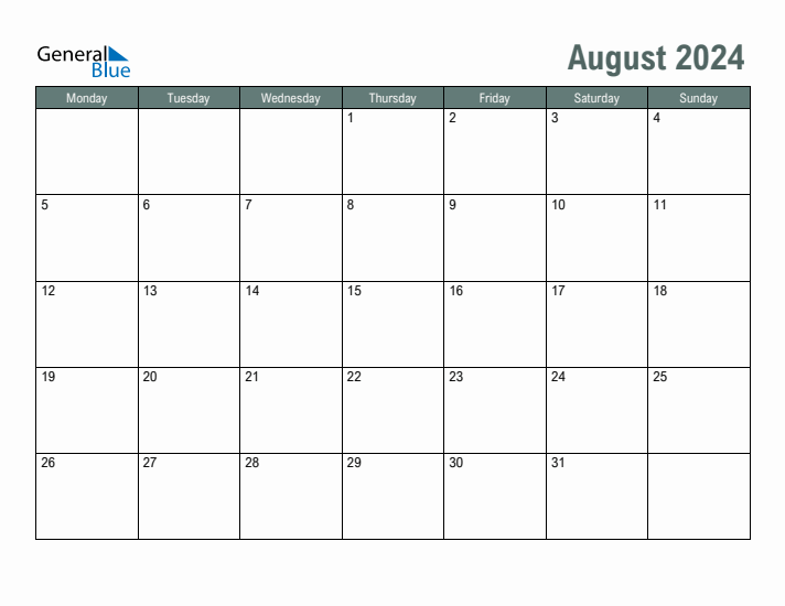 Blank August 2024 Monthly Calendar Template