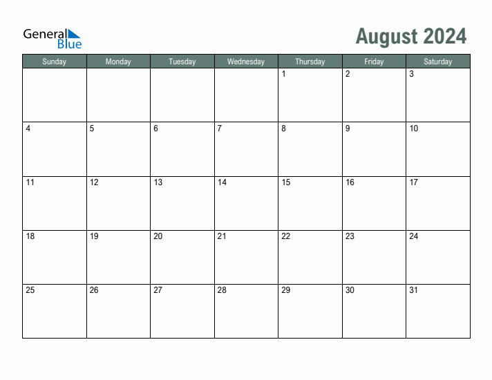 Free Printable August 2024 Calendar