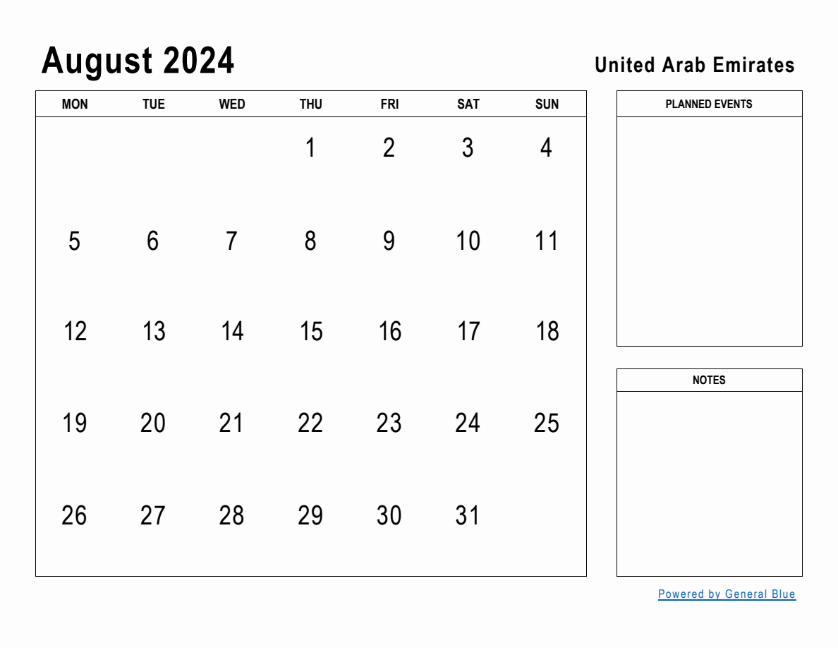 August 2024 Planner with United Arab Emirates Holidays