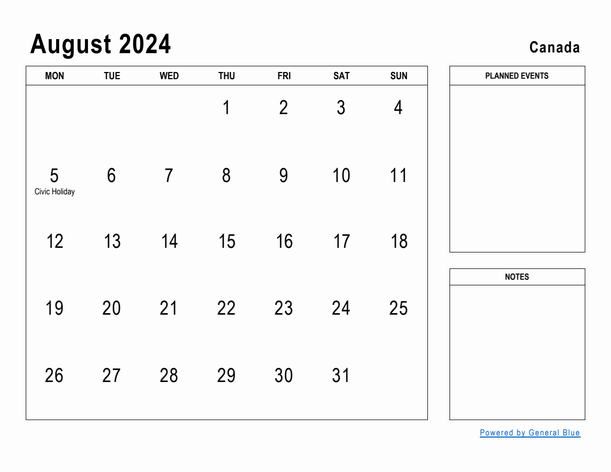 August 2024 Planner with Canada Holidays