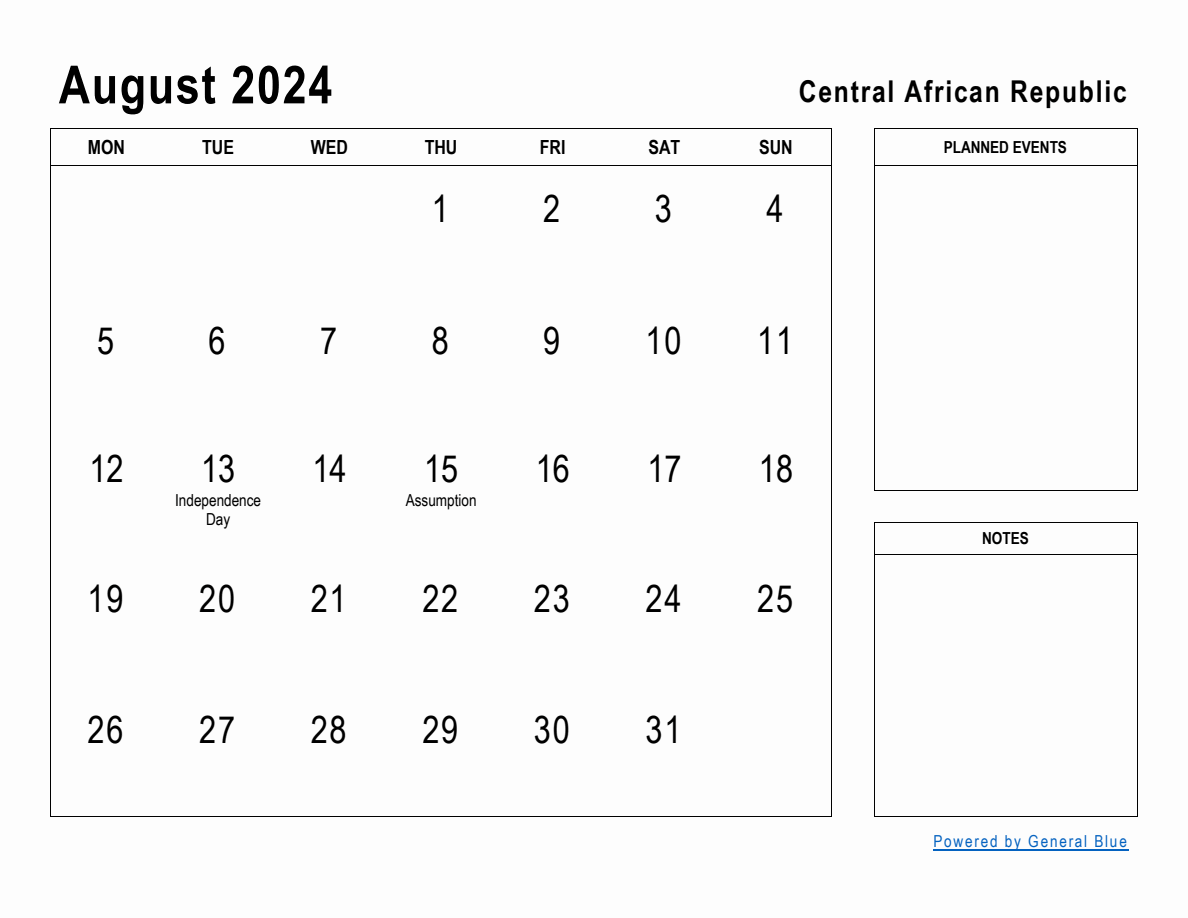 August 2024 Planner with Central African Republic Holidays
