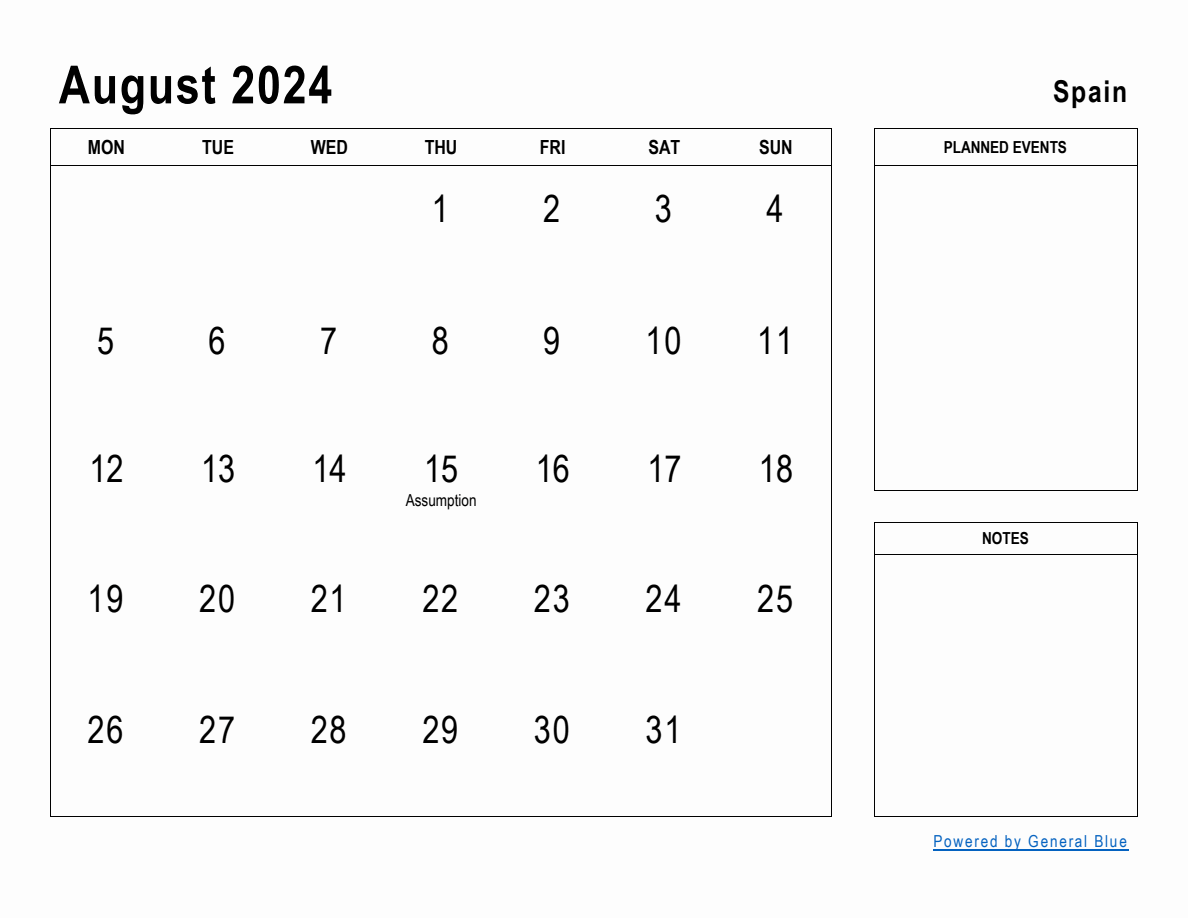 August 2024 Planner with Spain Holidays