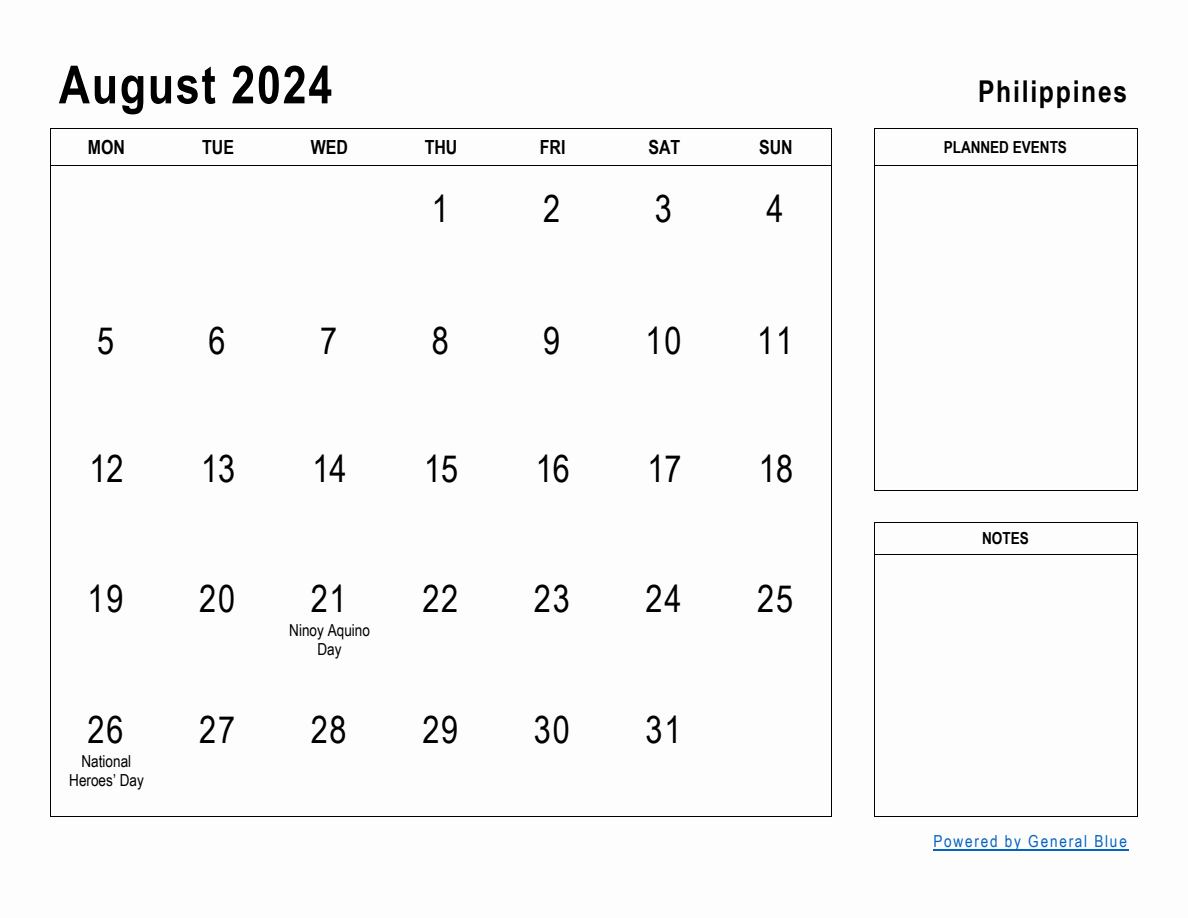 August 2024 Planner with Philippines Holidays