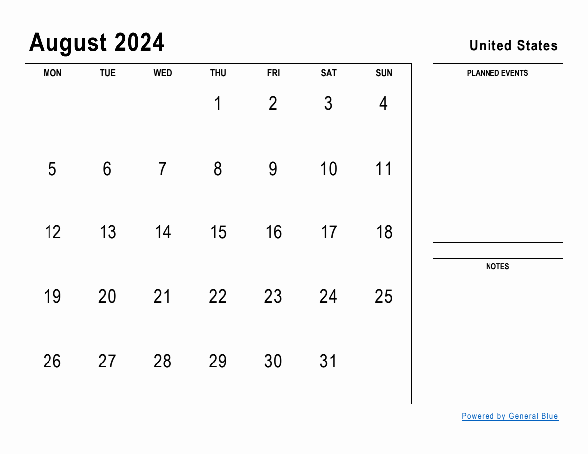 August 2024 Planner with United States Holidays