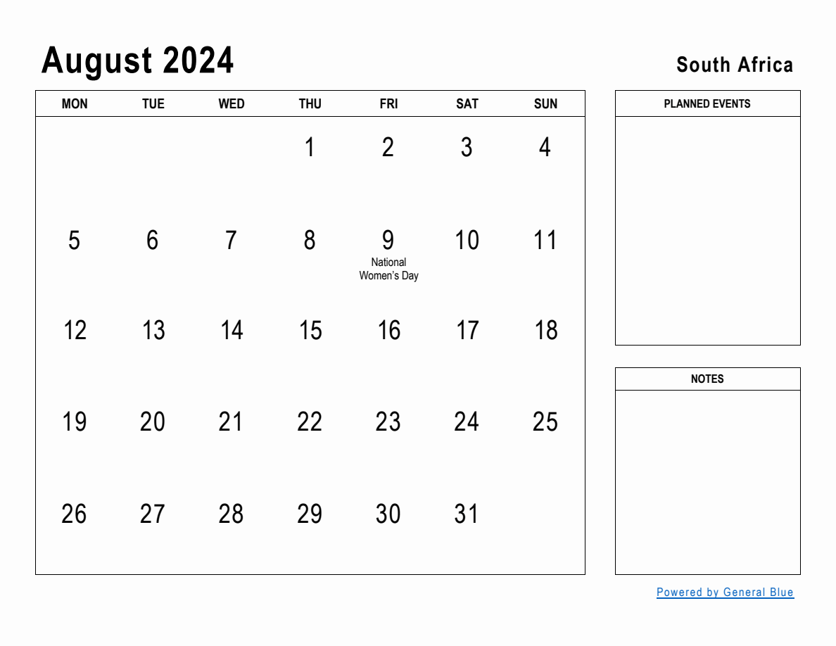 August 2024 Planner with South Africa Holidays