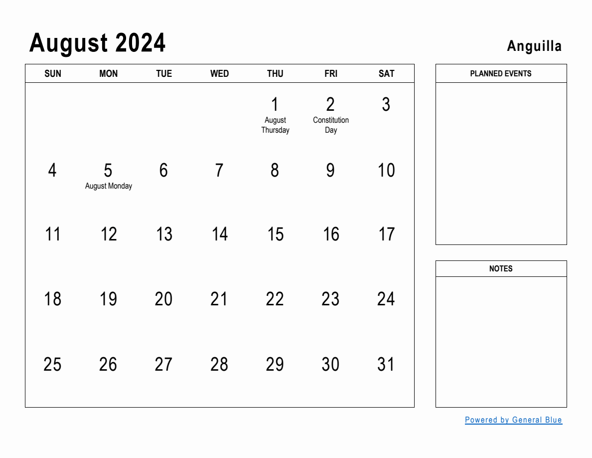 August 2024 Planner with Anguilla Holidays