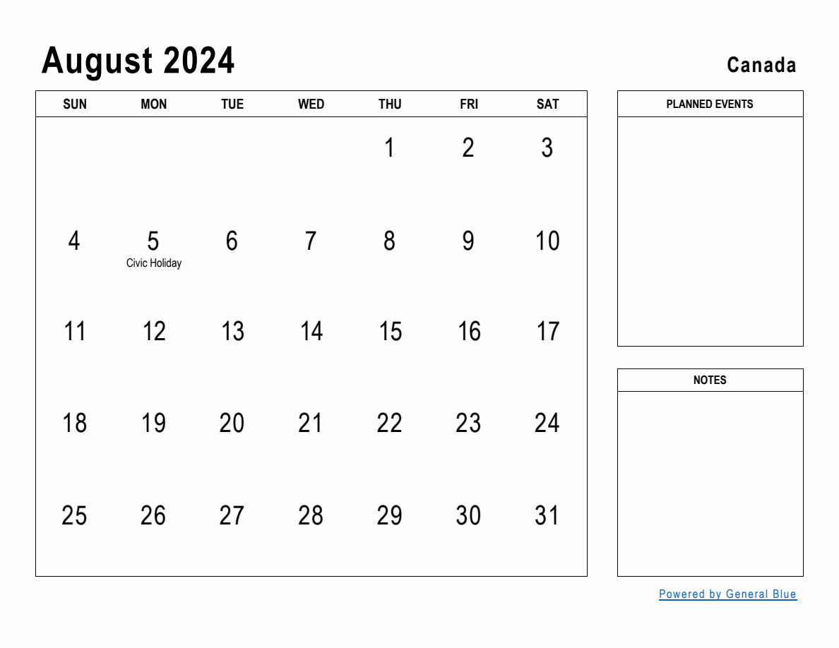 August 2024 Planner with Canada Holidays