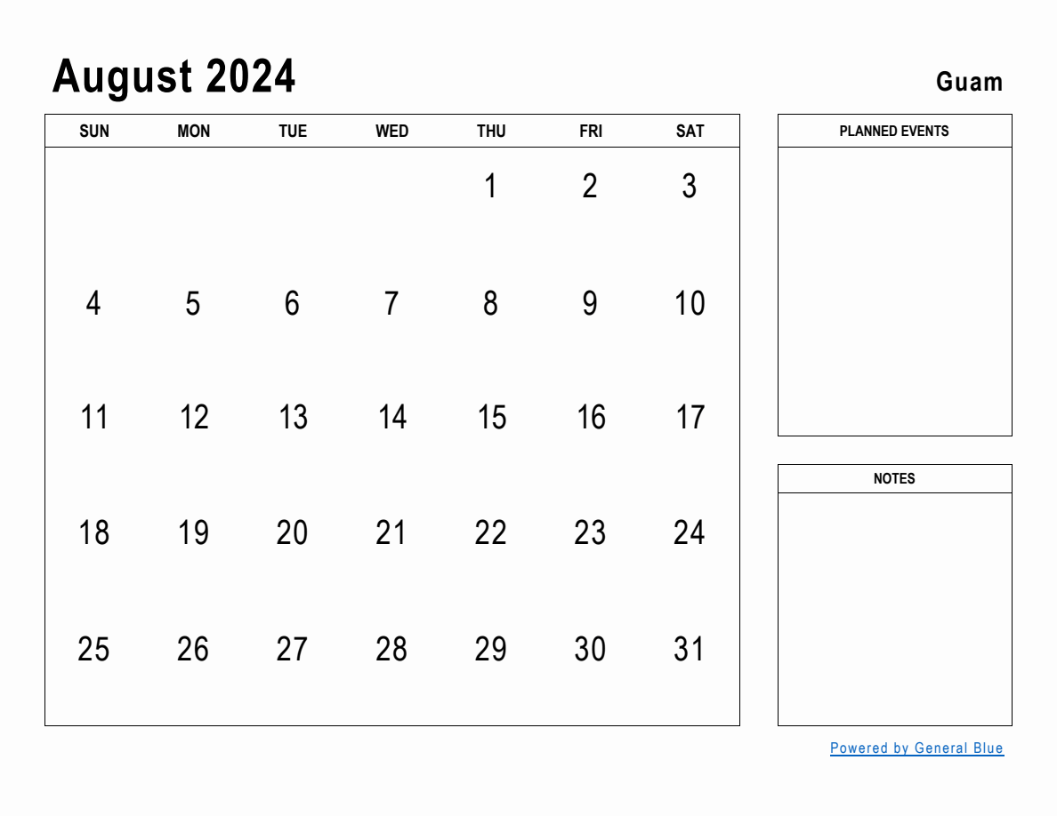 August 2024 Planner with Guam Holidays