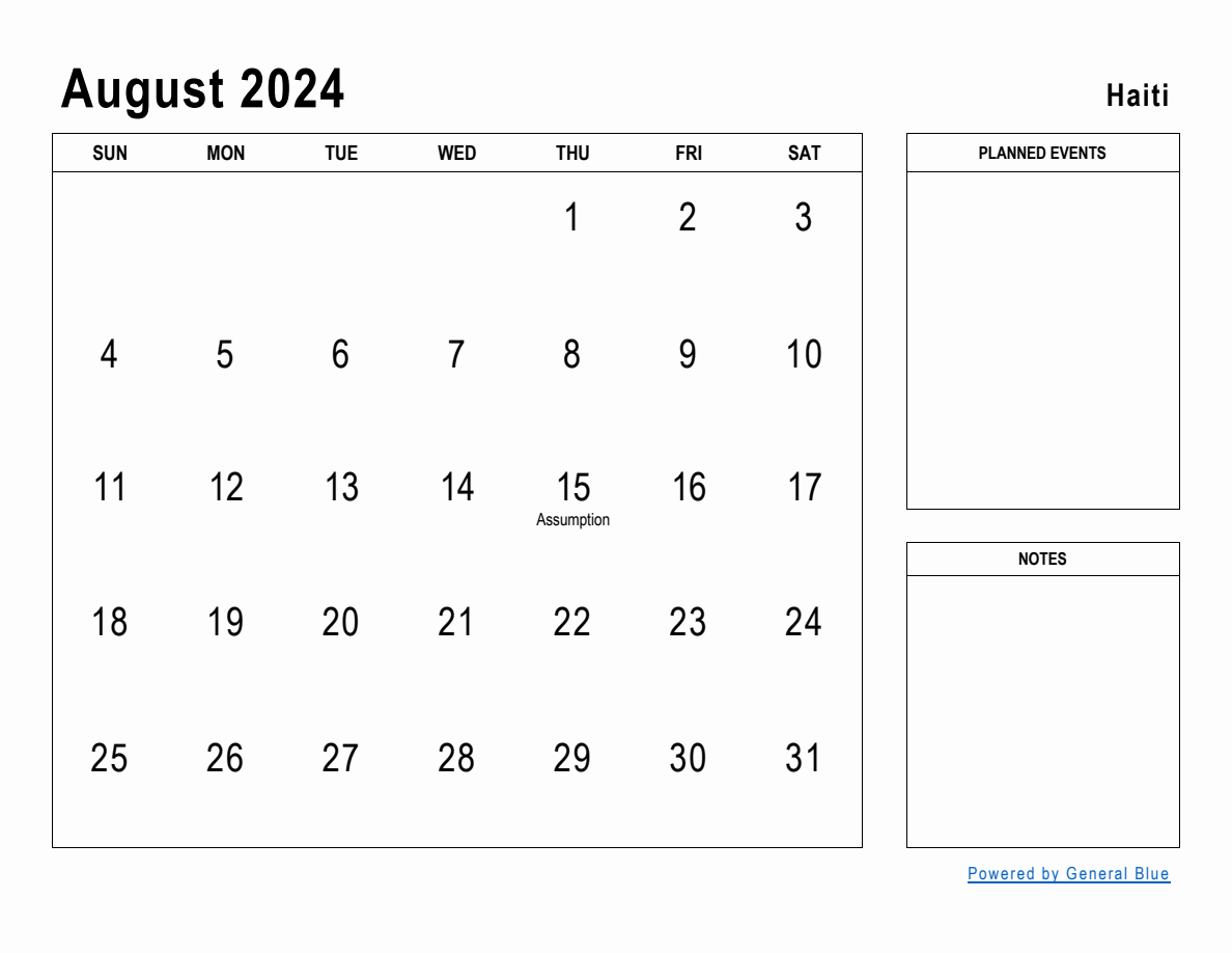 August 2024 Planner with Haiti Holidays