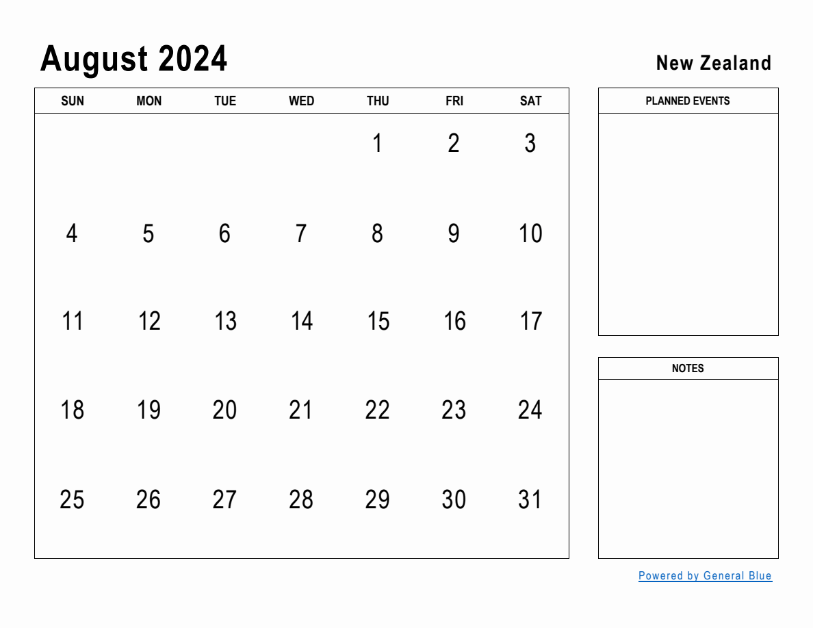 August 2024 Planner with New Zealand Holidays