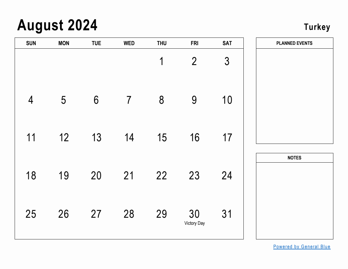 August 2024 Planner with Turkey Holidays