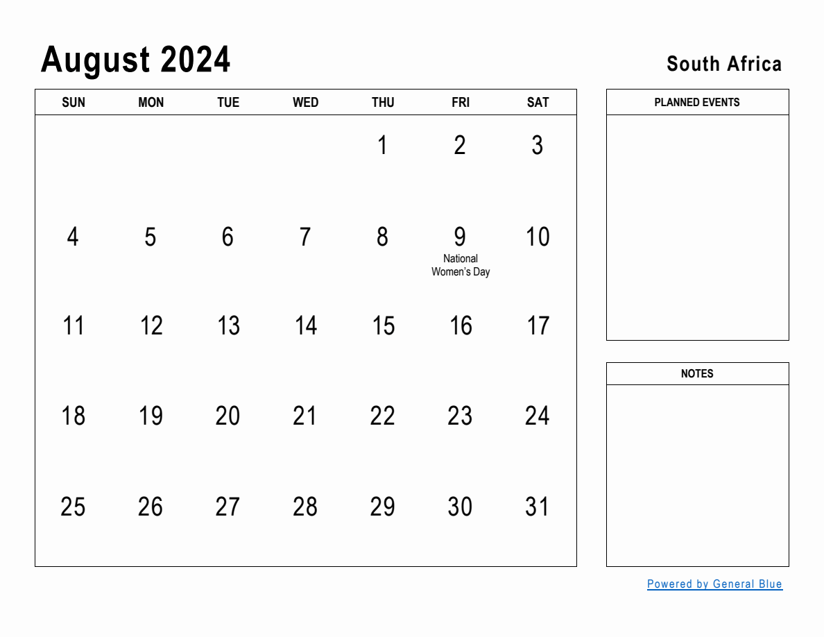 August 2024 Planner With South Africa Holidays   2024 08 August Monthly Calendar Printable With Holidays Landscape Sunday Start En Za 1188x918 