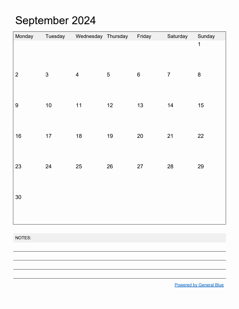 Free Printable Monthly Calendar for September 2024