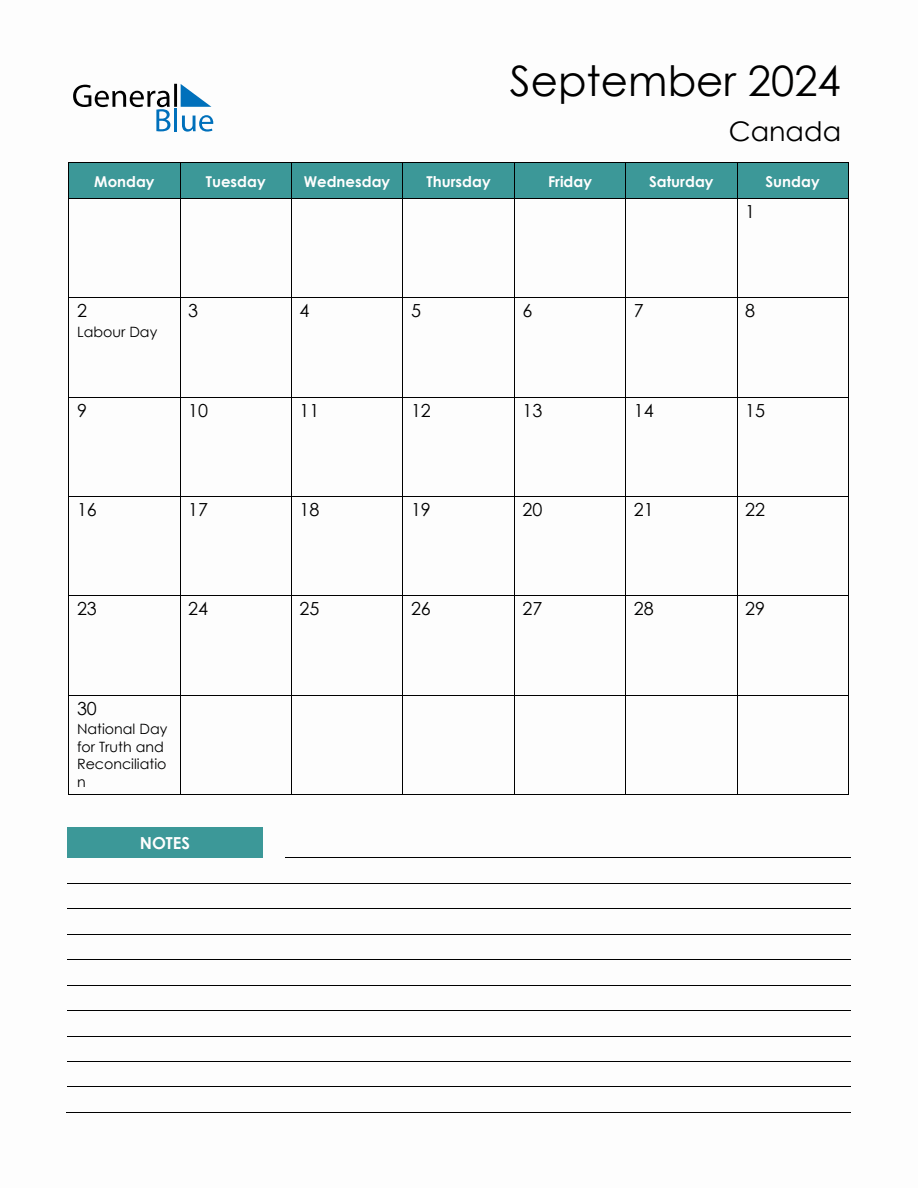 Monthly Planner with Canada Holidays September 2024