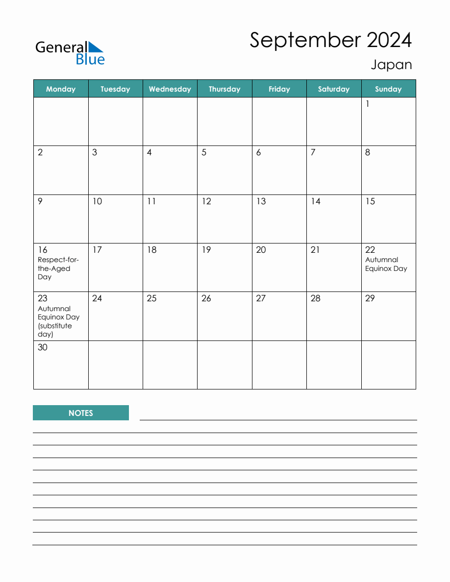 Monthly Planner with Japan Holidays September 2024