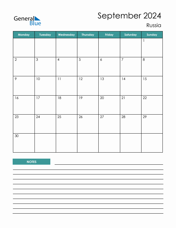 Calendar with Notes Printable - Monday Start