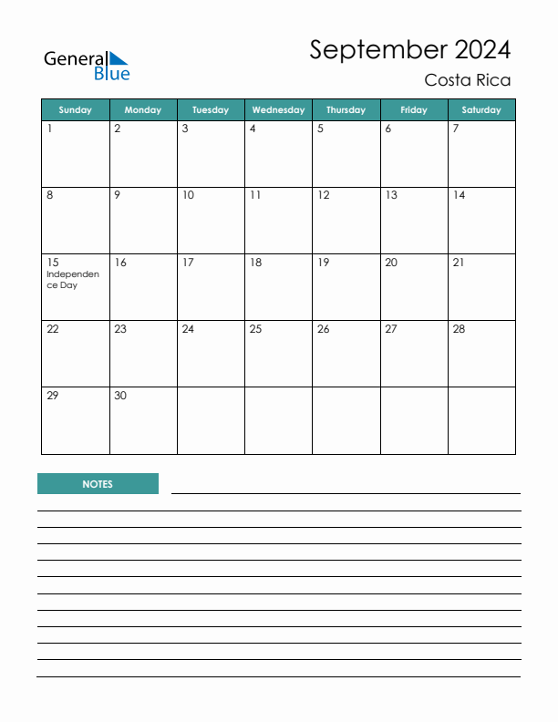 September 2024 Monthly Calendar with Costa Rica Holidays