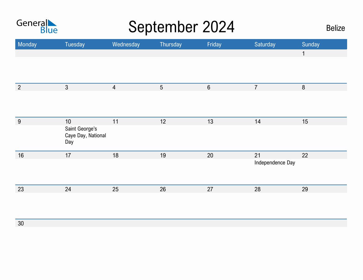 Editable September 2024 Calendar with Belize Holidays