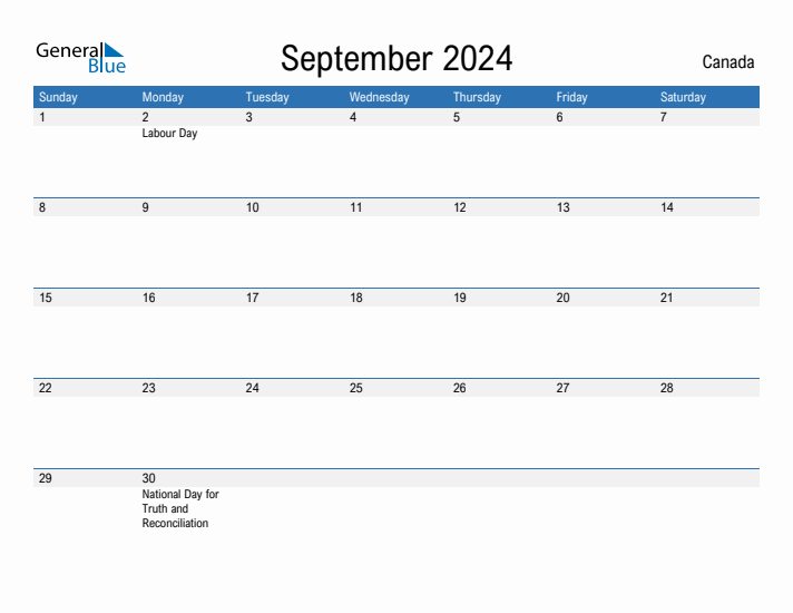 September 2024 Monthly Calendar with Canada Holidays