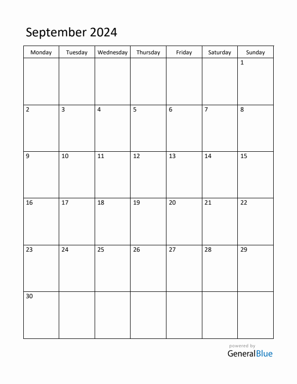 Monday Start Calendar for September 2024