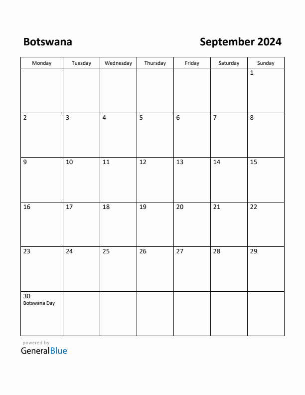 September 2024 Calendar with Botswana Holidays