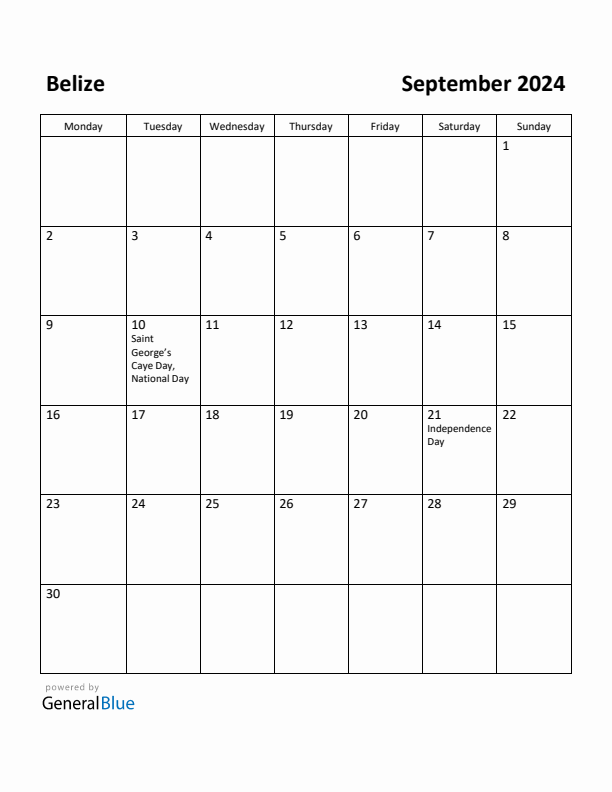 September 2024 Calendar with Belize Holidays