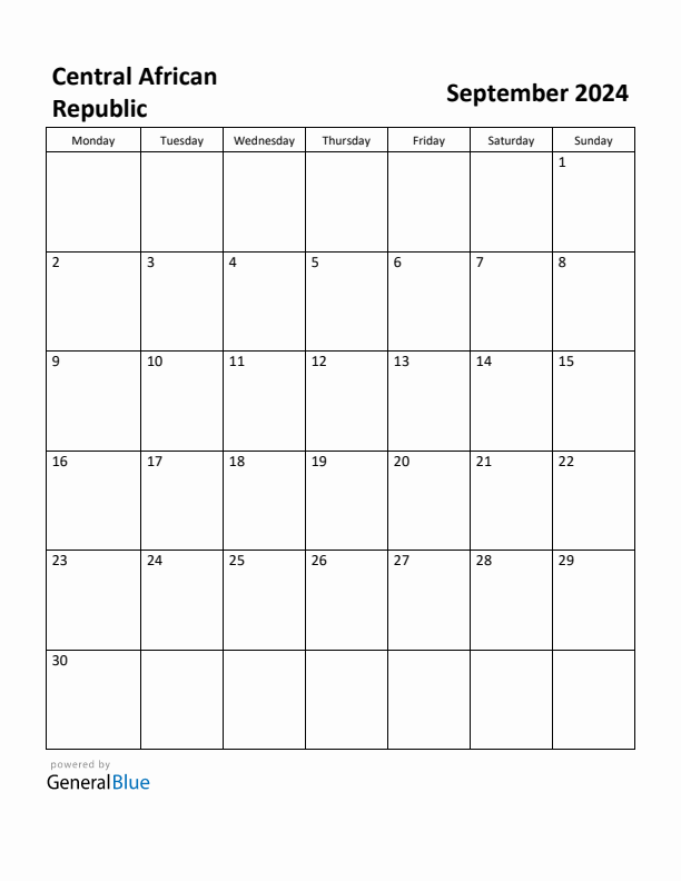 September 2024 Calendar with Central African Republic Holidays