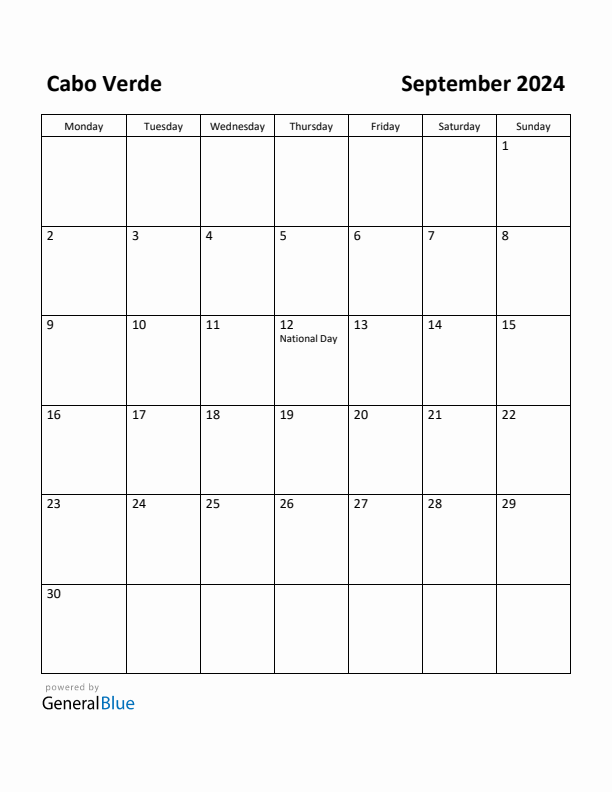 September 2024 Calendar with Cabo Verde Holidays